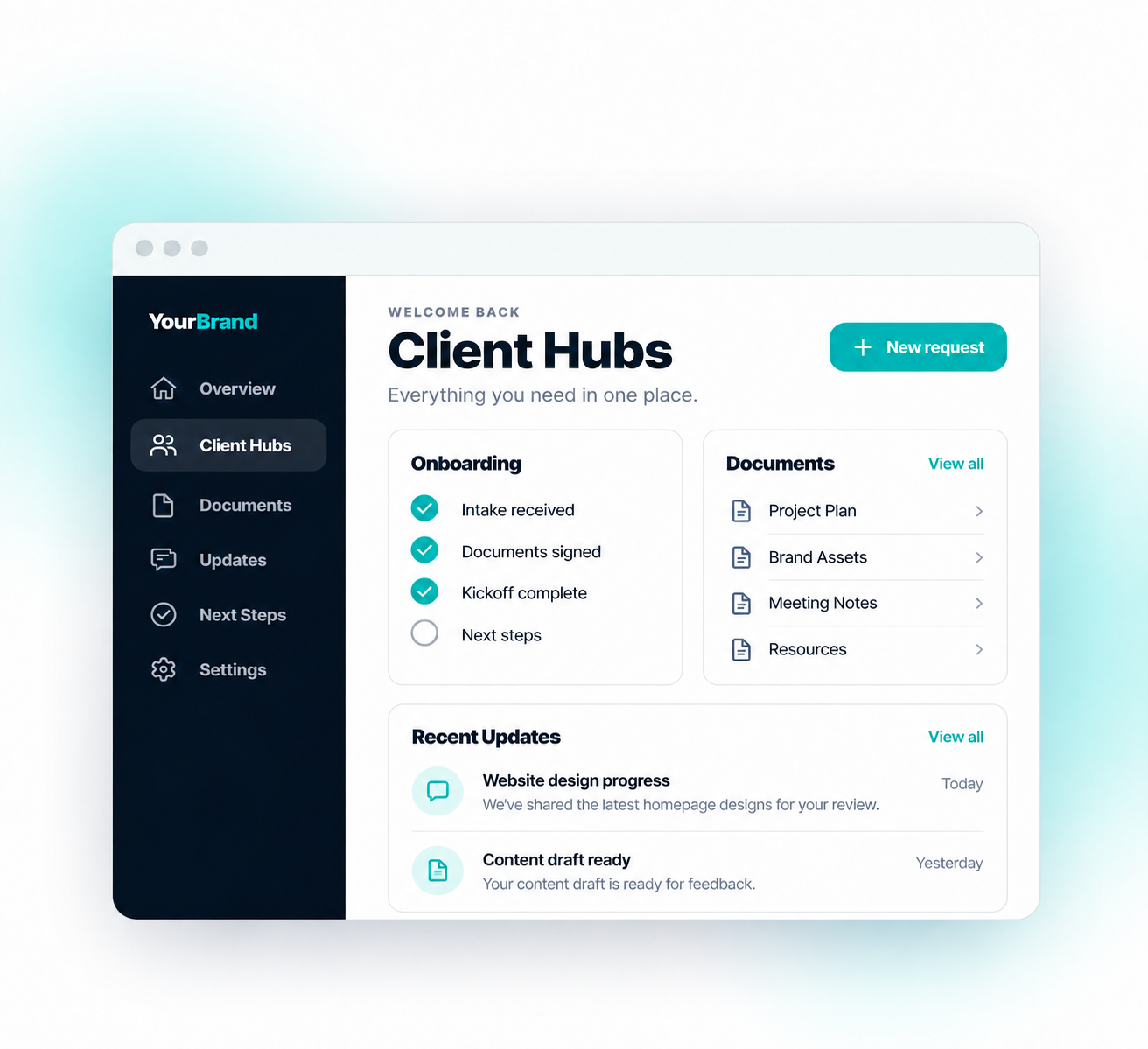 Client Hub dashboard with onboarding, documents, and project updates
