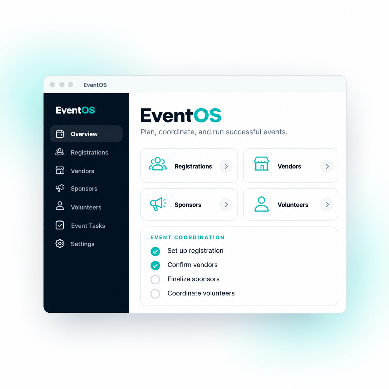 EventOS operations dashboard for registrations, vendors, and event tasks