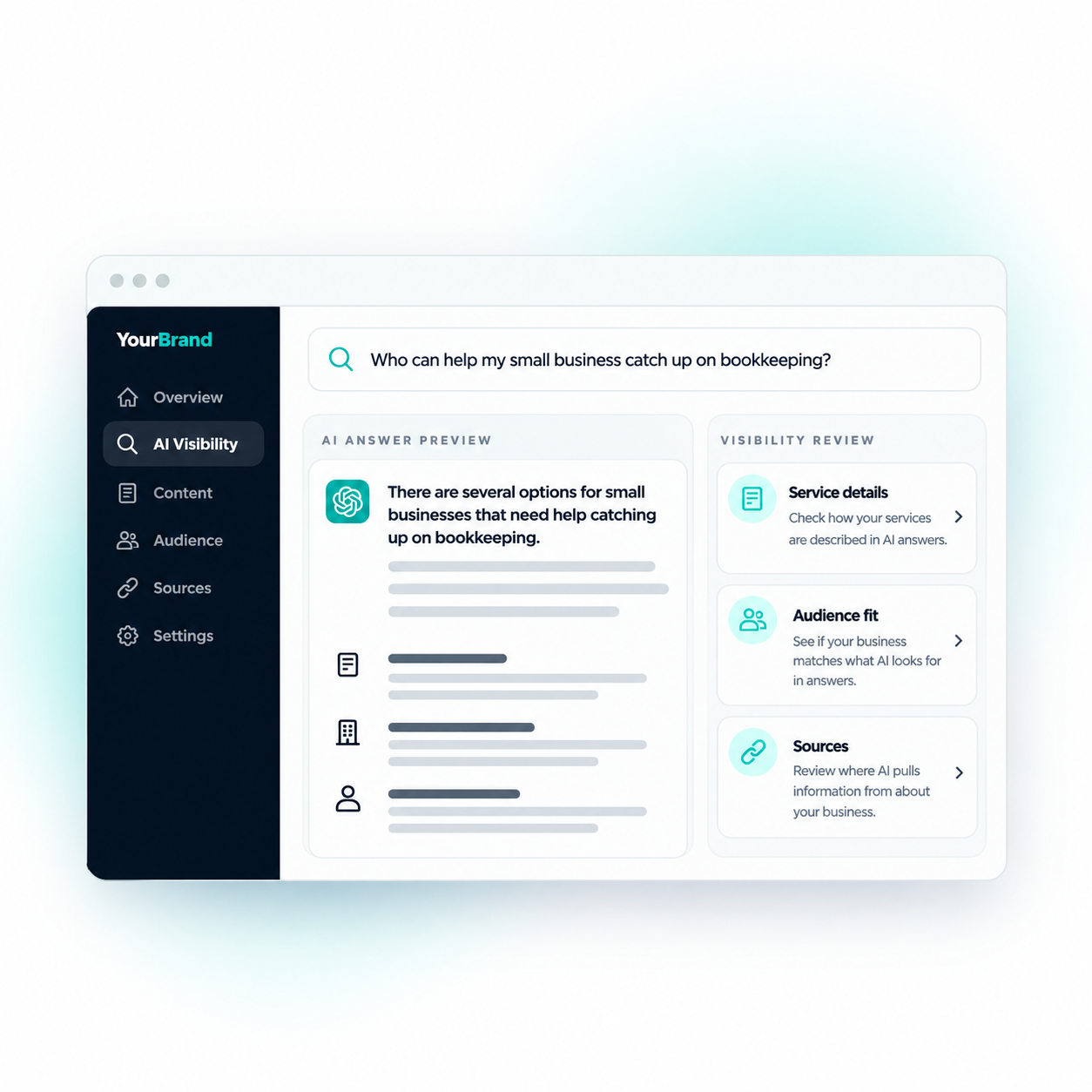 AI Visibility dashboard with answer preview and visibility review