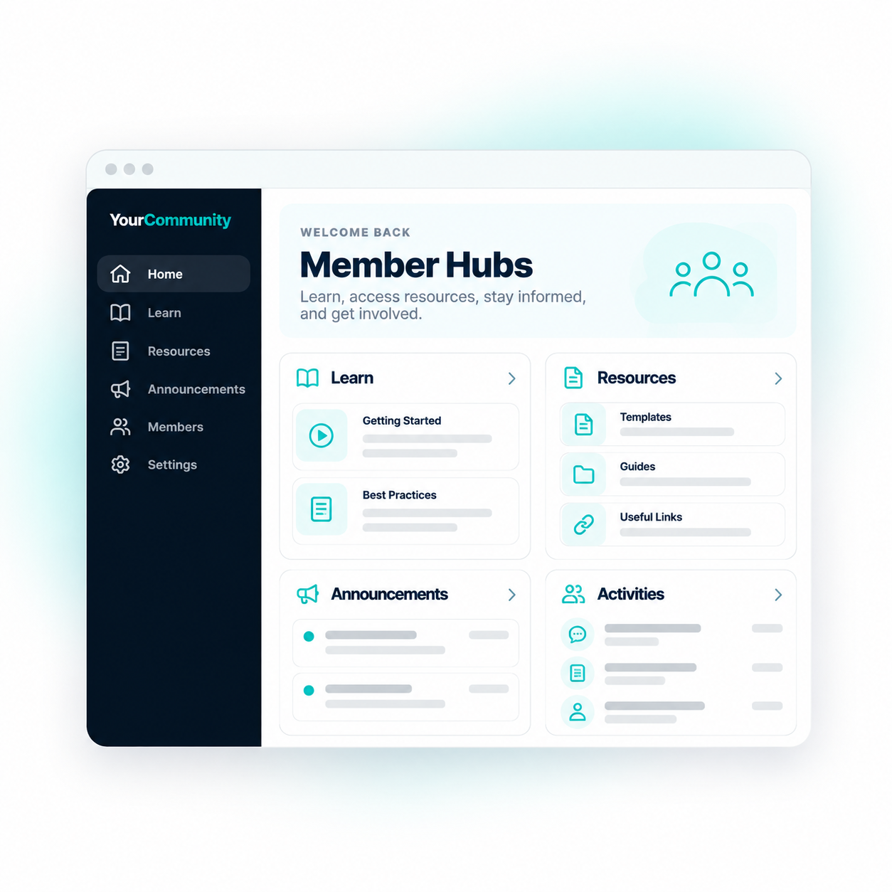 Member Hubs dashboard with learning, resources, and member activity