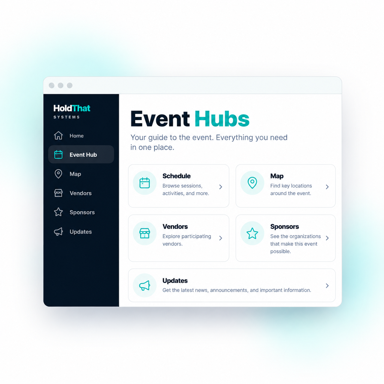 Event Hub interface for attendees, vendors, and sponsors